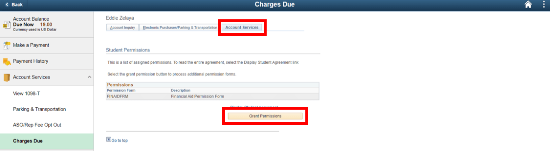 Select Account Services and Grant Permissions