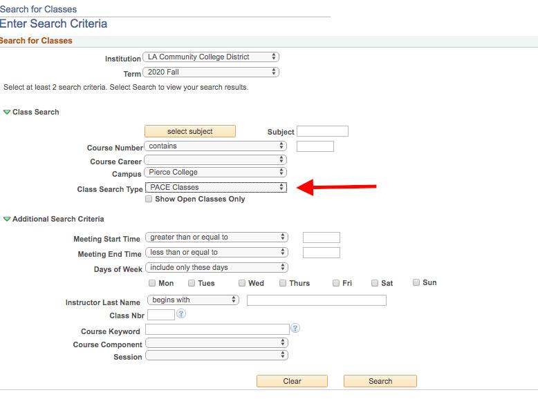 Pace Class Search Instructions