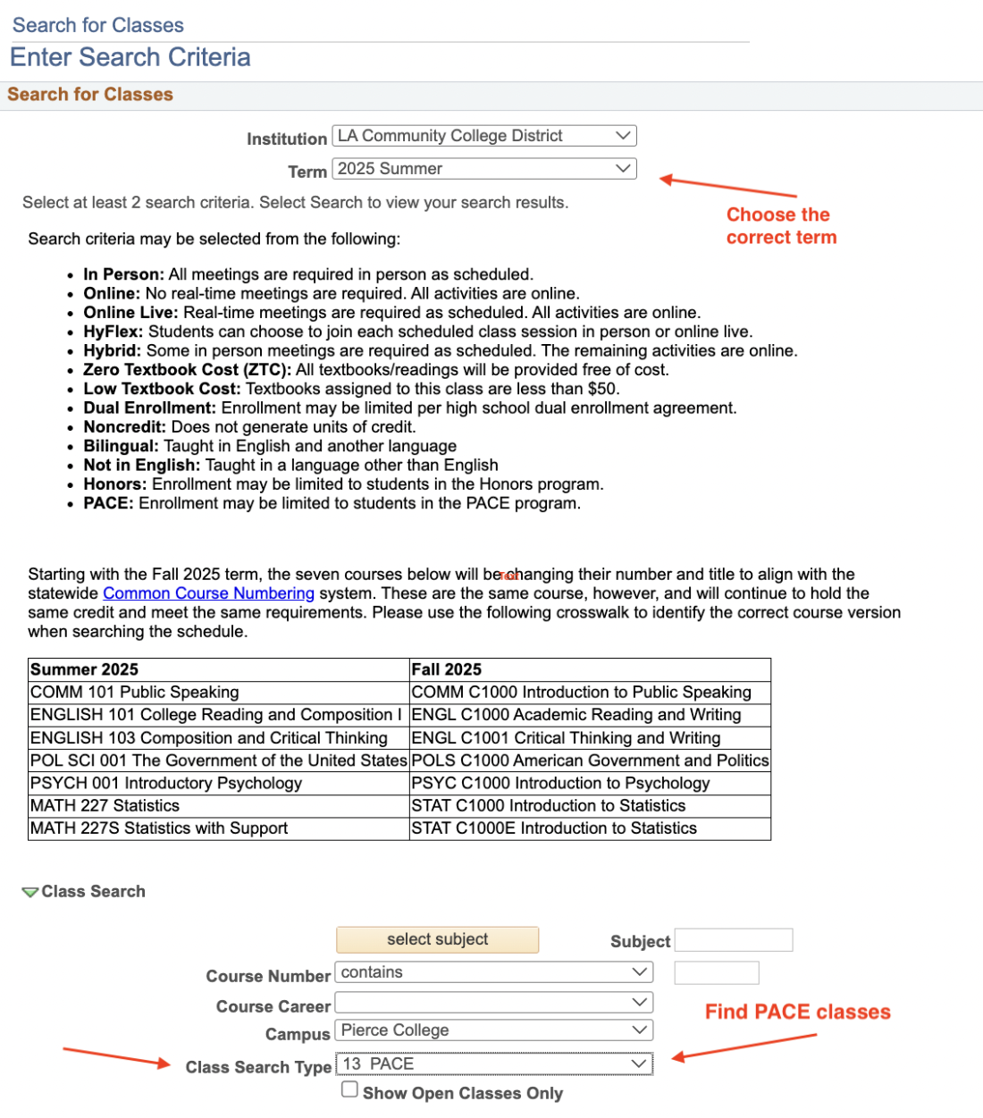 PACE class search