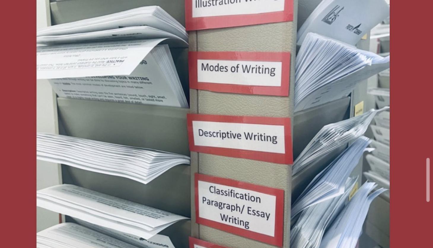 magazine rack with writing handouts and titles